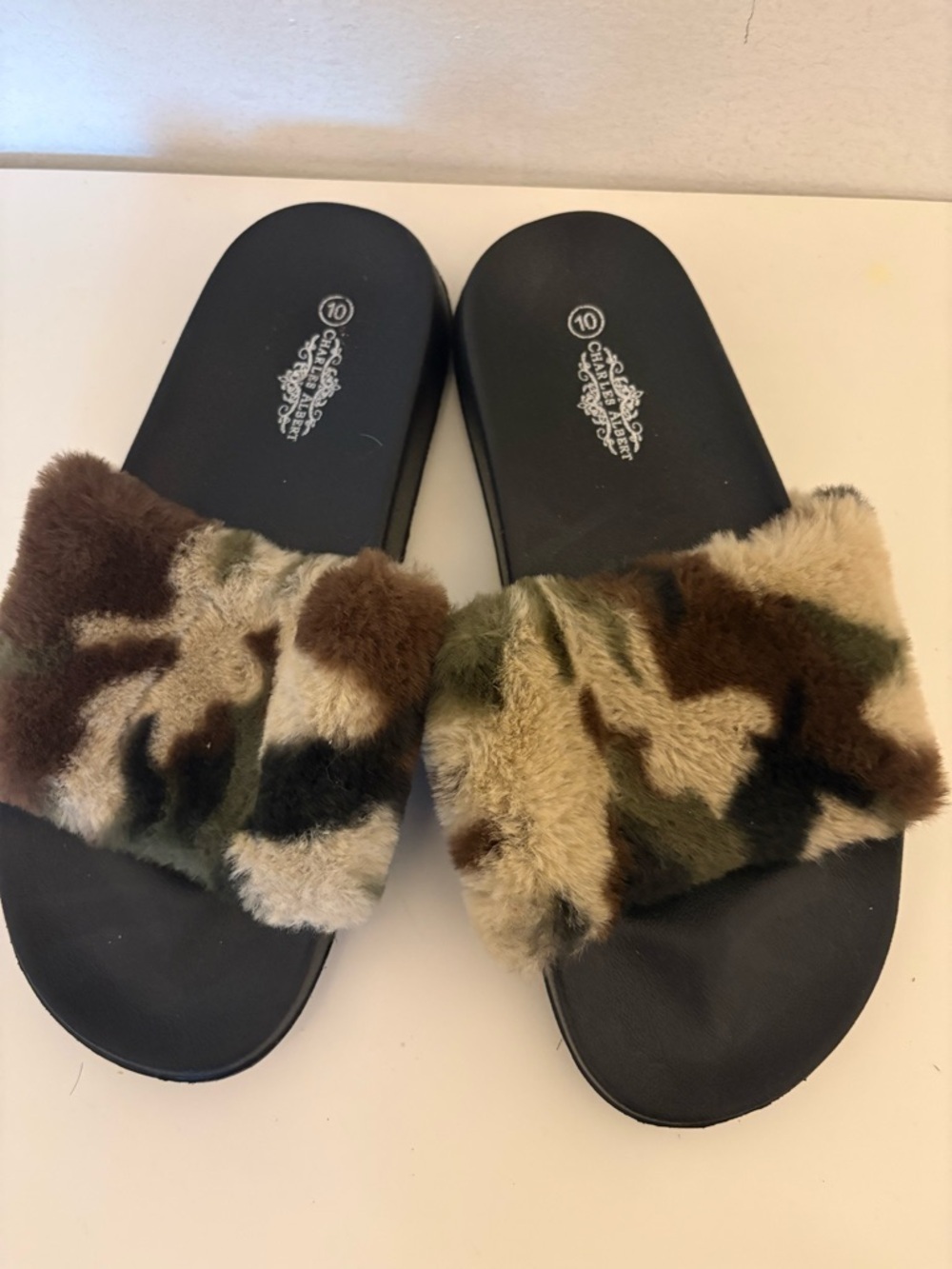 Charles Albert Black Slide Sandals with Camouflage Faux Fur Strap